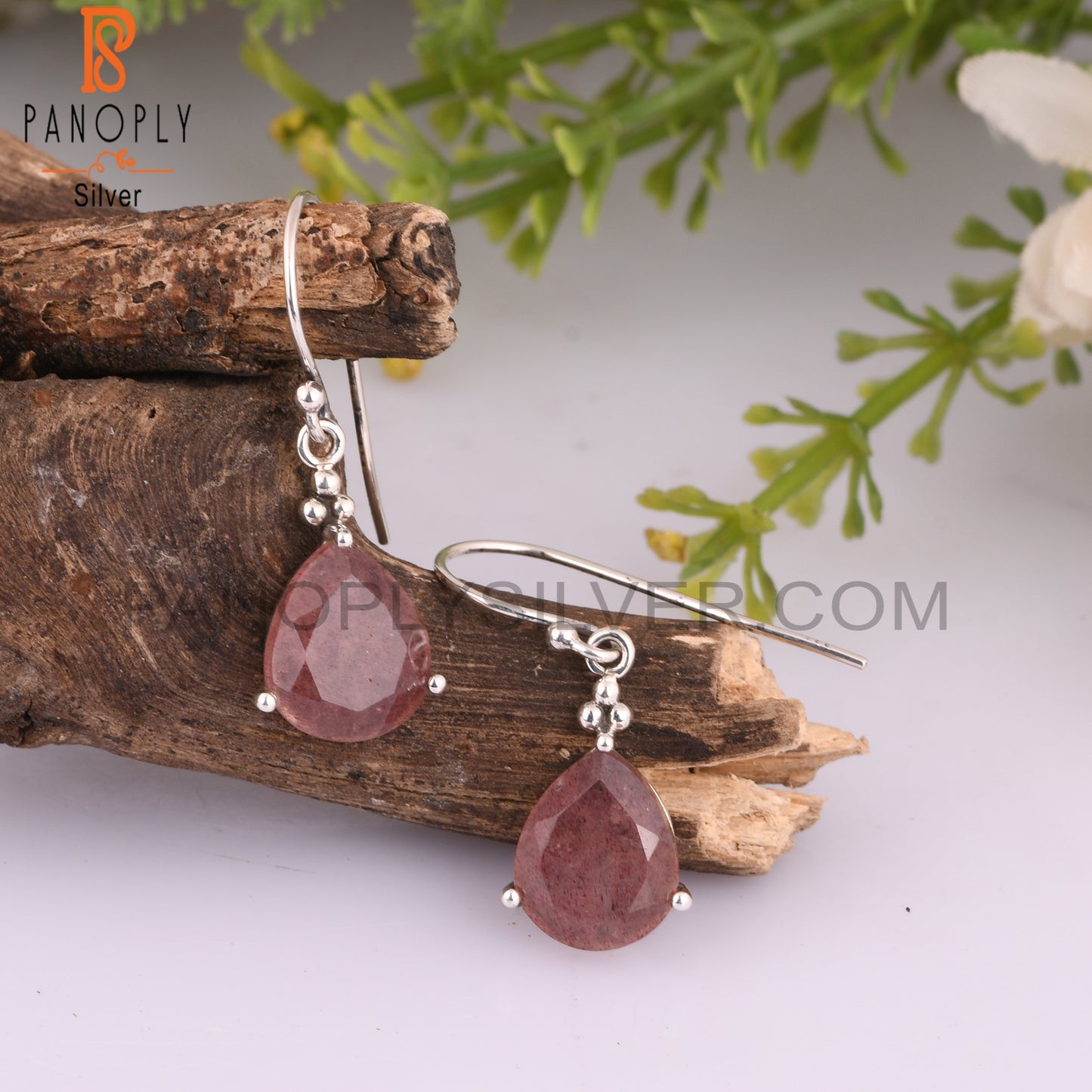 Strawberry Quartz Pear 925 Solid Silver Earrings