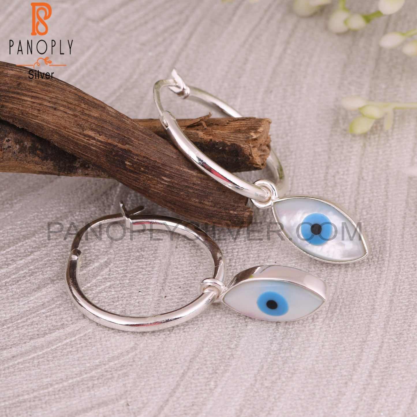 Mother of Pearl Evil Eye 925 Sterling Silver Earrings
