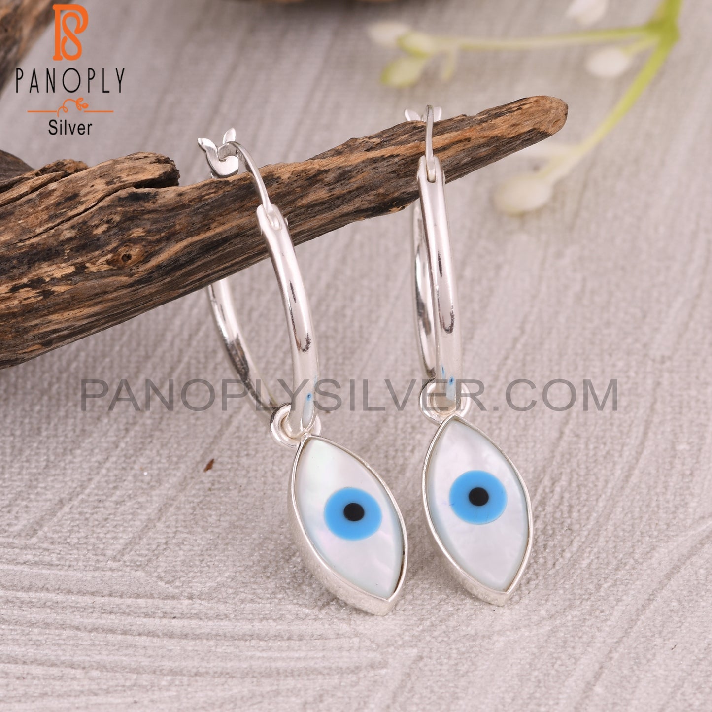 Mother of Pearl Evil Eye 925 Sterling Silver Earrings