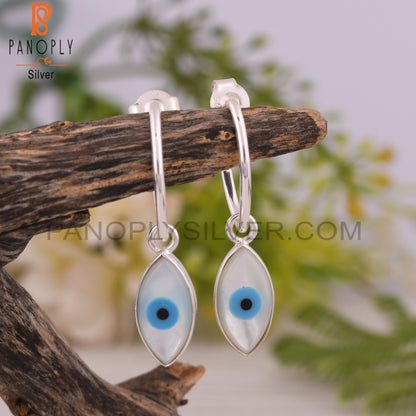 Mother of Pearl Evil Eye 925 Sterling Silver Hook Earrings