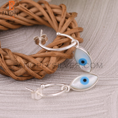 Mother of Pearl Evil Eye 925 Sterling Silver Hook Earrings