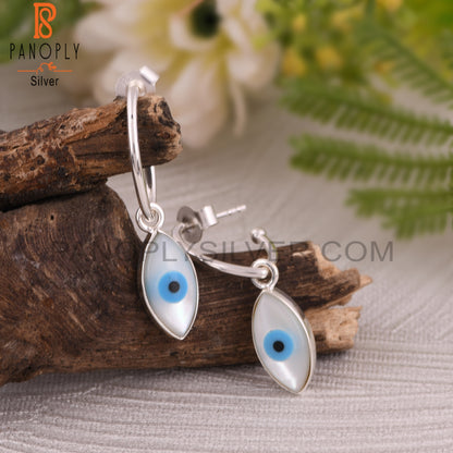 Mother of Pearl Evil Eye 925 Sterling Silver Hook Earrings