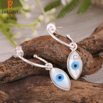 Mother of Pearl Evil Eye 925 Sterling Silver Hook Earrings