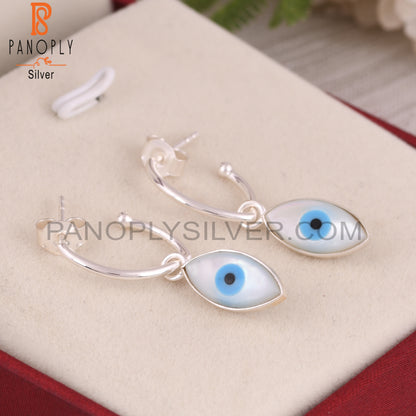 Mother of Pearl Evil Eye 925 Sterling Silver Hook Earrings