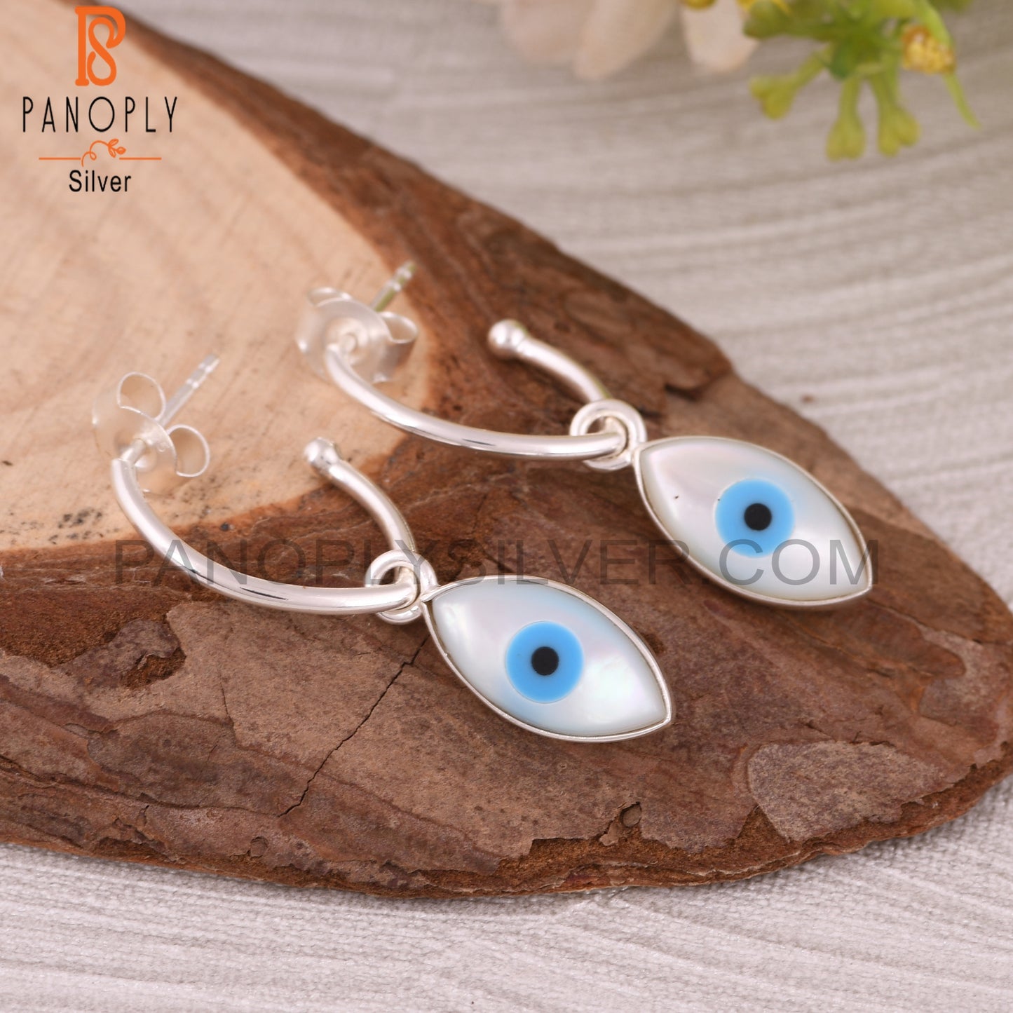 Mother of Pearl Evil Eye 925 Sterling Silver Hook Earrings