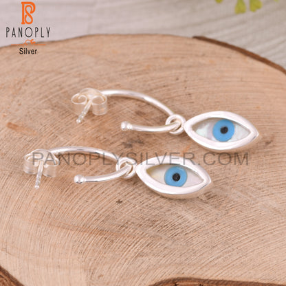 Mother of Pearl Evil Eye 925 Sterling Silver Hook Earrings