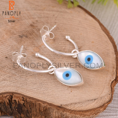 Mother of Pearl Evil Eye 925 Sterling Silver Hook Earrings