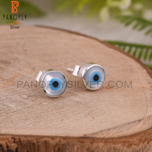 Mother of Pearl Evil Eye 925 Sterling Silver Earrings Studs