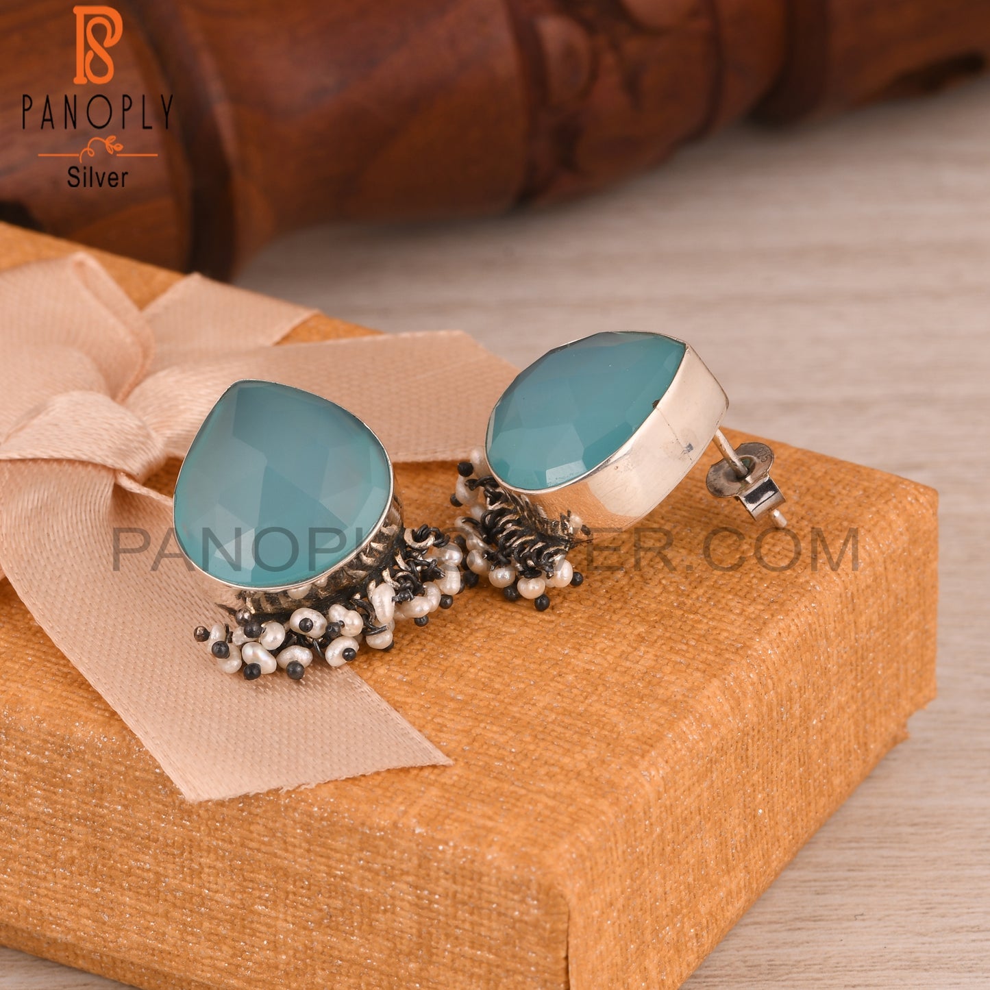 Pearl & Aqua Chalcedony 925 Sterling Silver Earrings