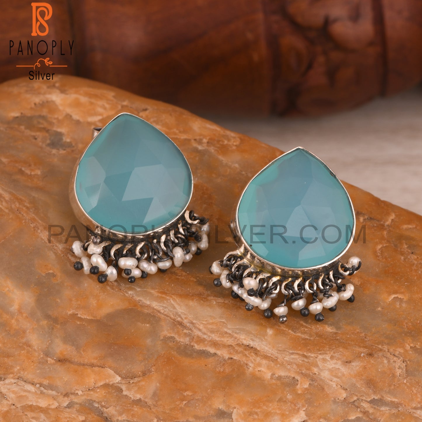 Pearl & Aqua Chalcedony 925 Sterling Silver Earrings