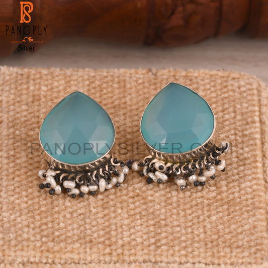 Pearl & Aqua Chalcedony 925 Sterling Silver Earrings