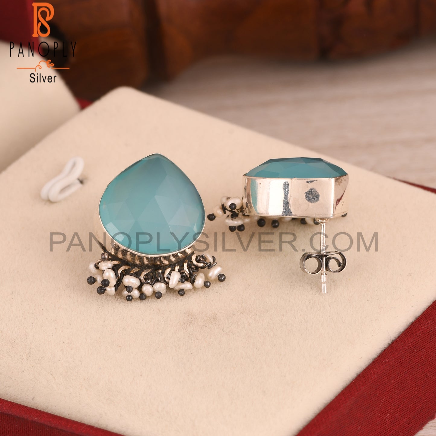 Pearl & Aqua Chalcedony 925 Sterling Silver Earrings