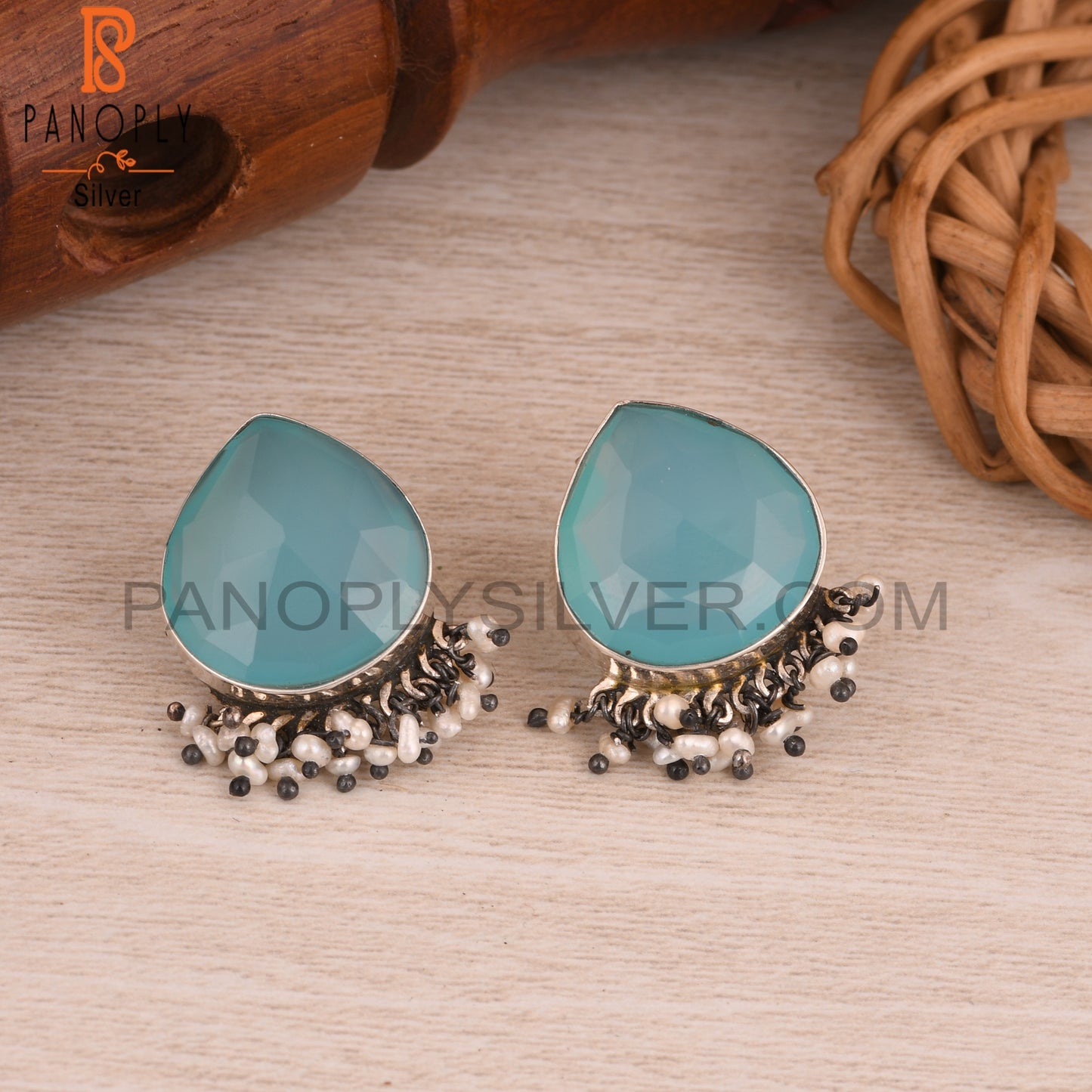 Pearl & Aqua Chalcedony 925 Sterling Silver Earrings