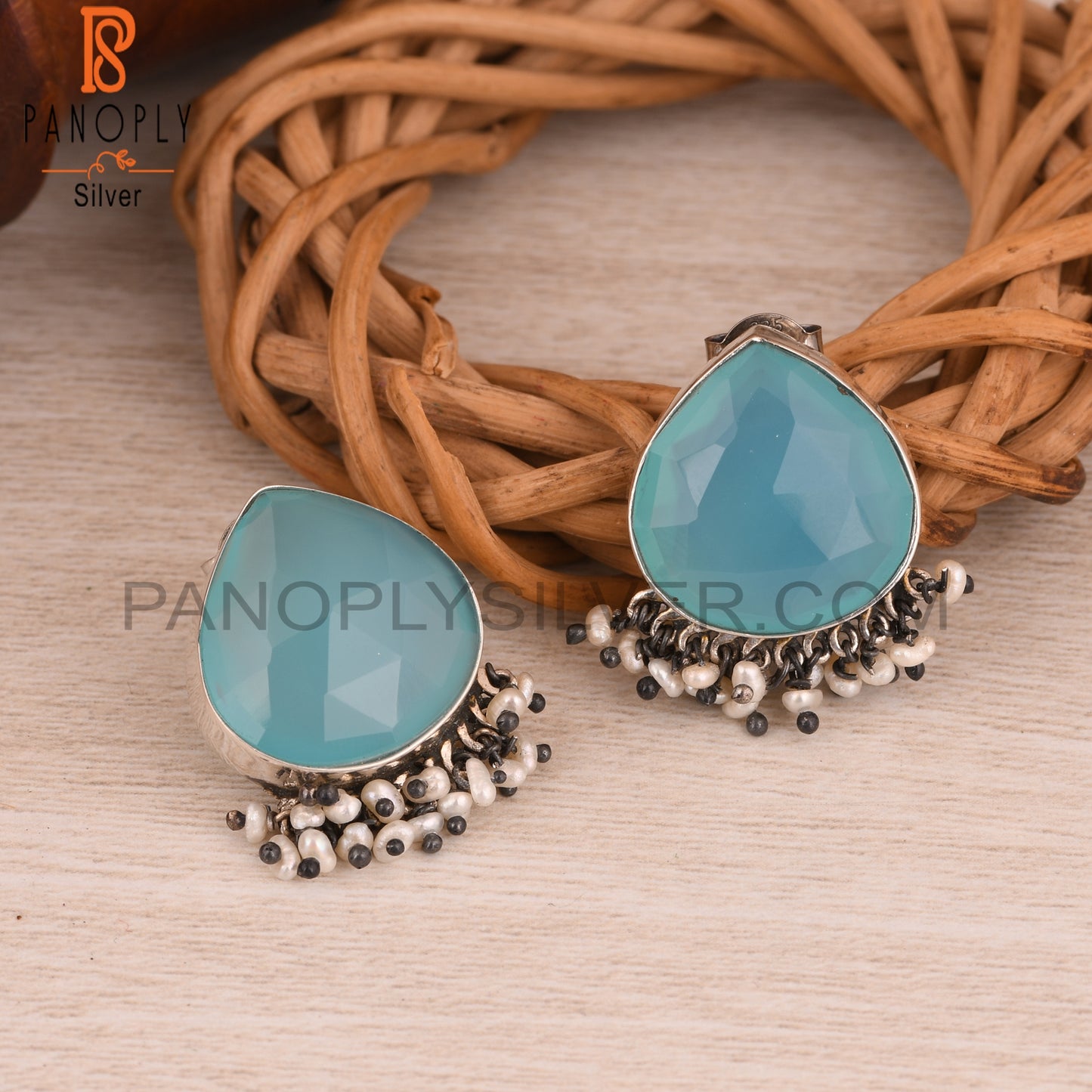 Pearl & Aqua Chalcedony 925 Sterling Silver Earrings