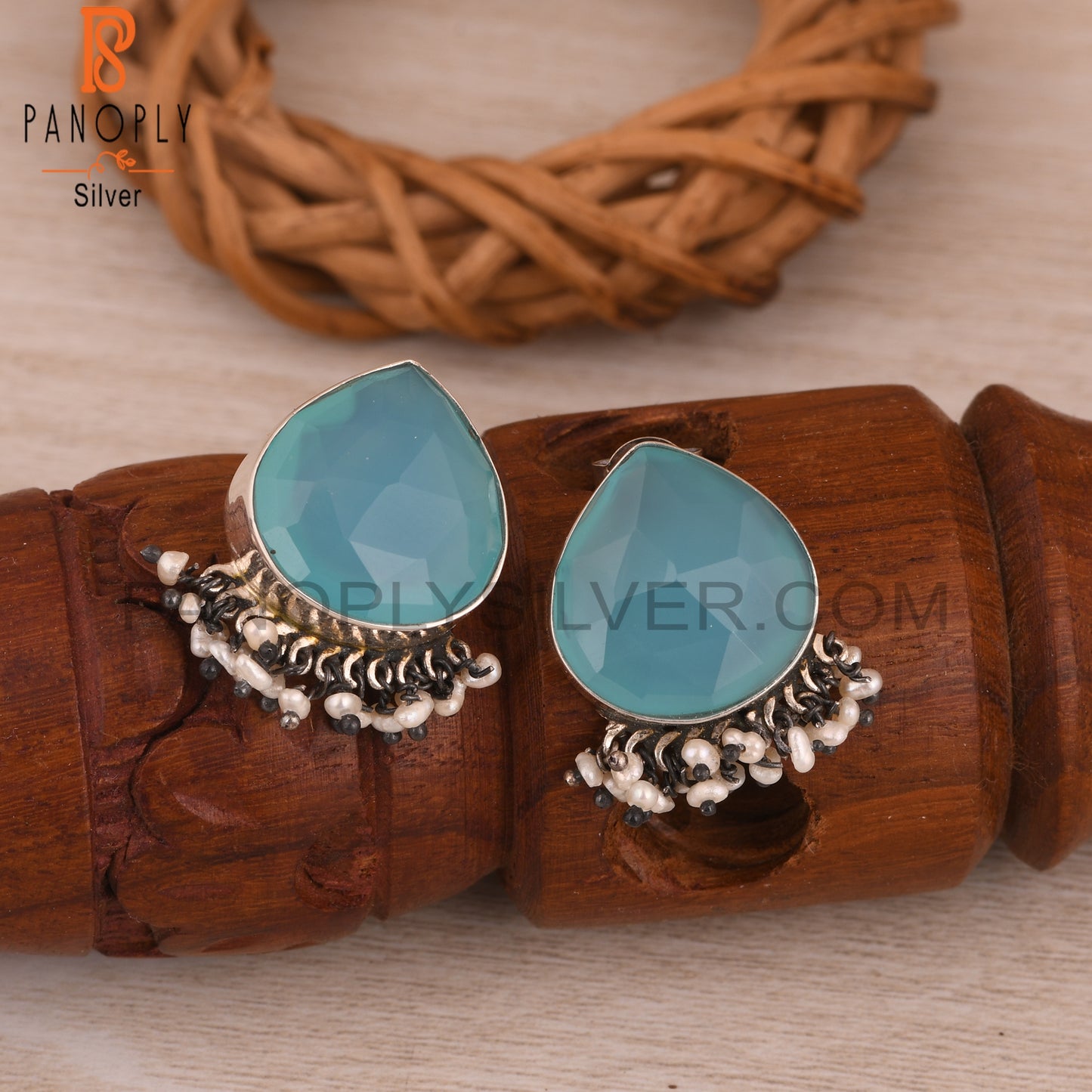 Pearl & Aqua Chalcedony 925 Sterling Silver Earrings