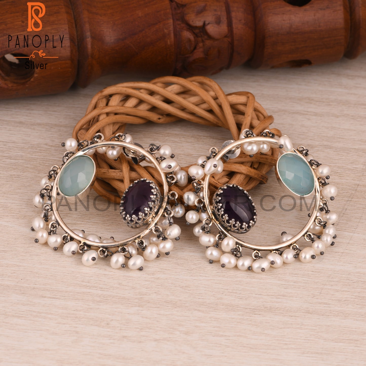 Amethyst, Aqua Chalcedony & Pearl 925 Sterling Silver Earrings