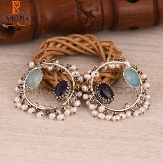 Amethyst, Aqua Chalcedony & Pearl 925 Sterling Silver Earrings