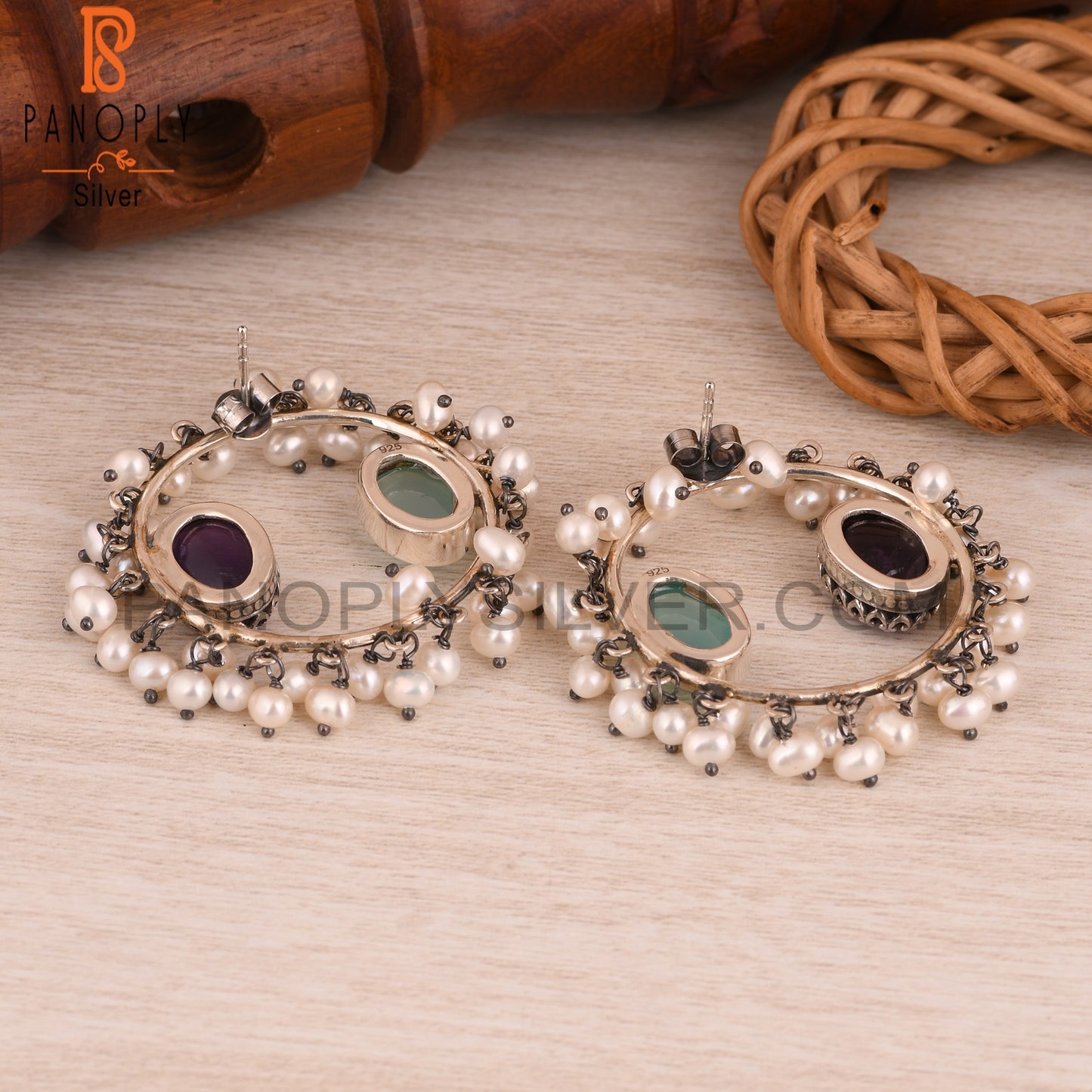 Amethyst, Aqua Chalcedony & Pearl 925 Sterling Silver Earrings