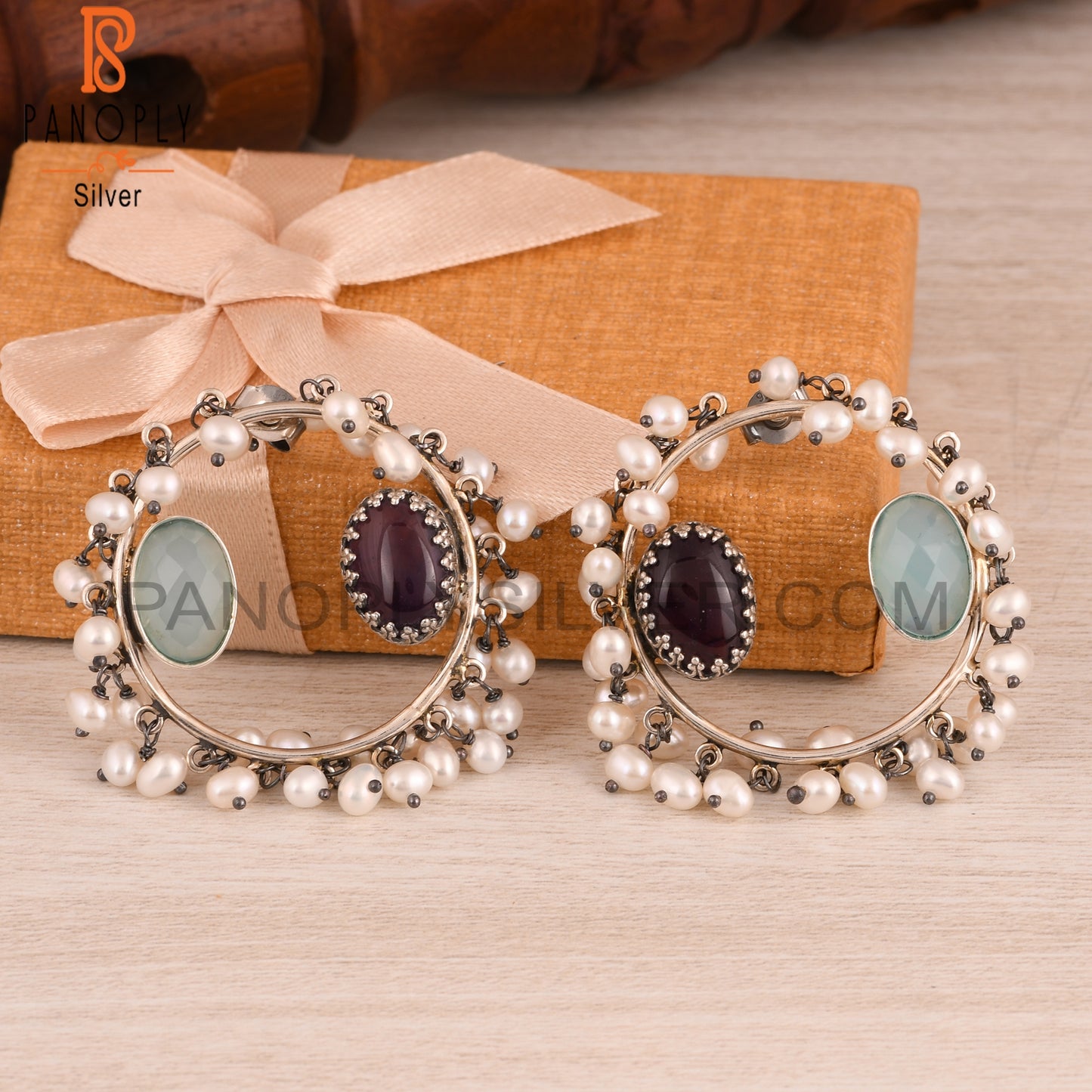Amethyst, Aqua Chalcedony & Pearl 925 Sterling Silver Earrings