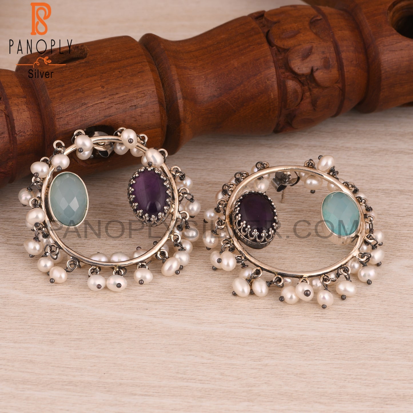 Amethyst, Aqua Chalcedony & Pearl 925 Sterling Silver Earrings