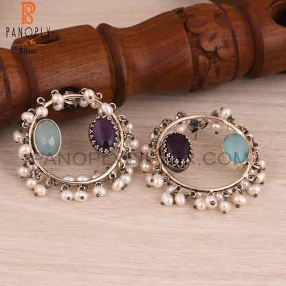 Amethyst, Aqua Chalcedony & Pearl 925 Sterling Silver Earrings