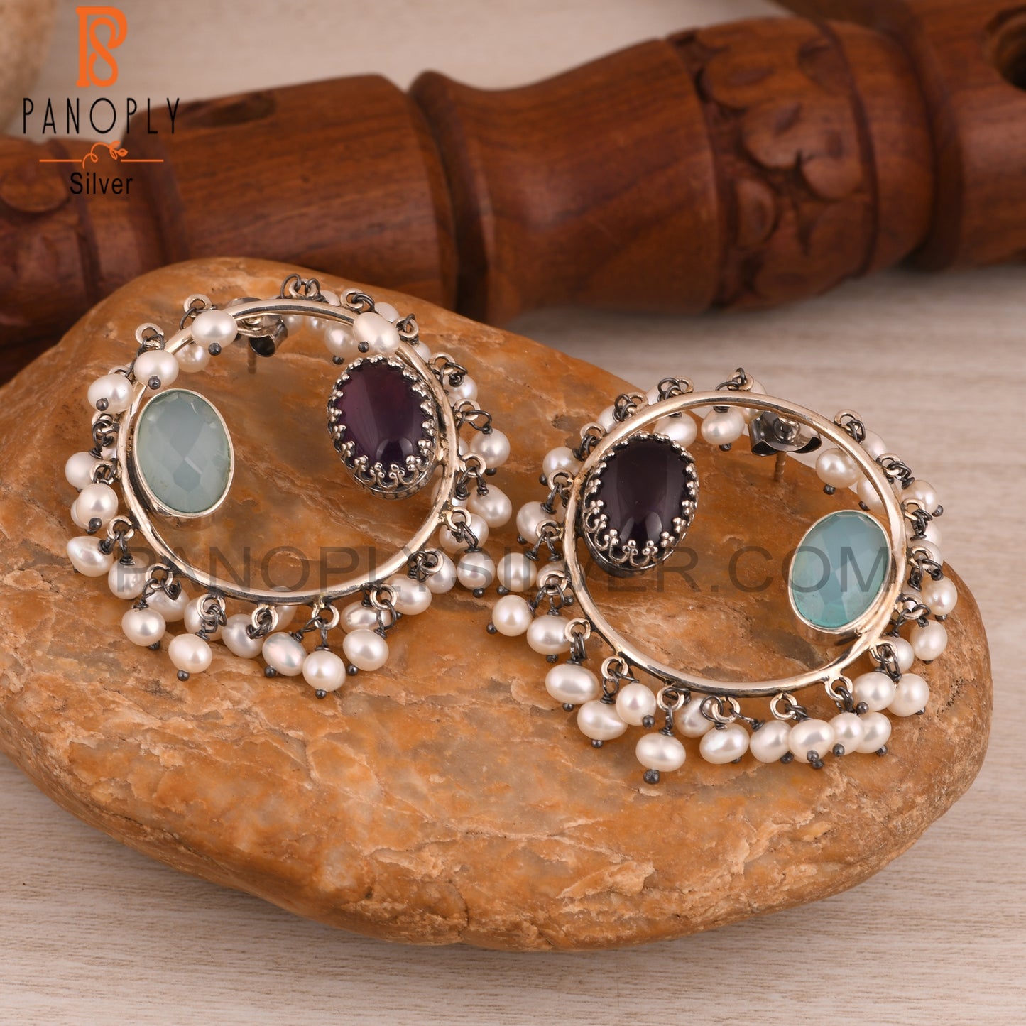 Amethyst, Aqua Chalcedony & Pearl 925 Sterling Silver Earrings