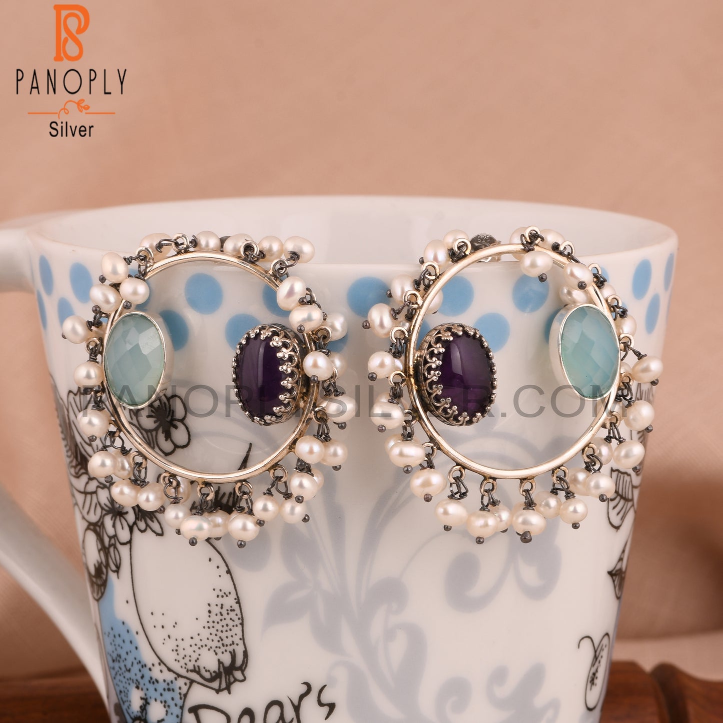 Amethyst, Aqua Chalcedony & Pearl 925 Sterling Silver Earrings