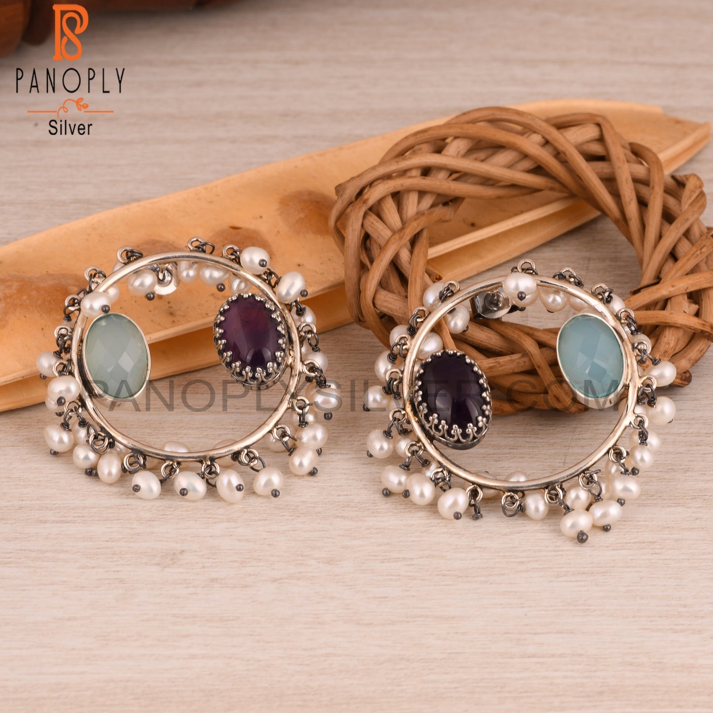 Amethyst, Aqua Chalcedony & Pearl 925 Sterling Silver Earrings