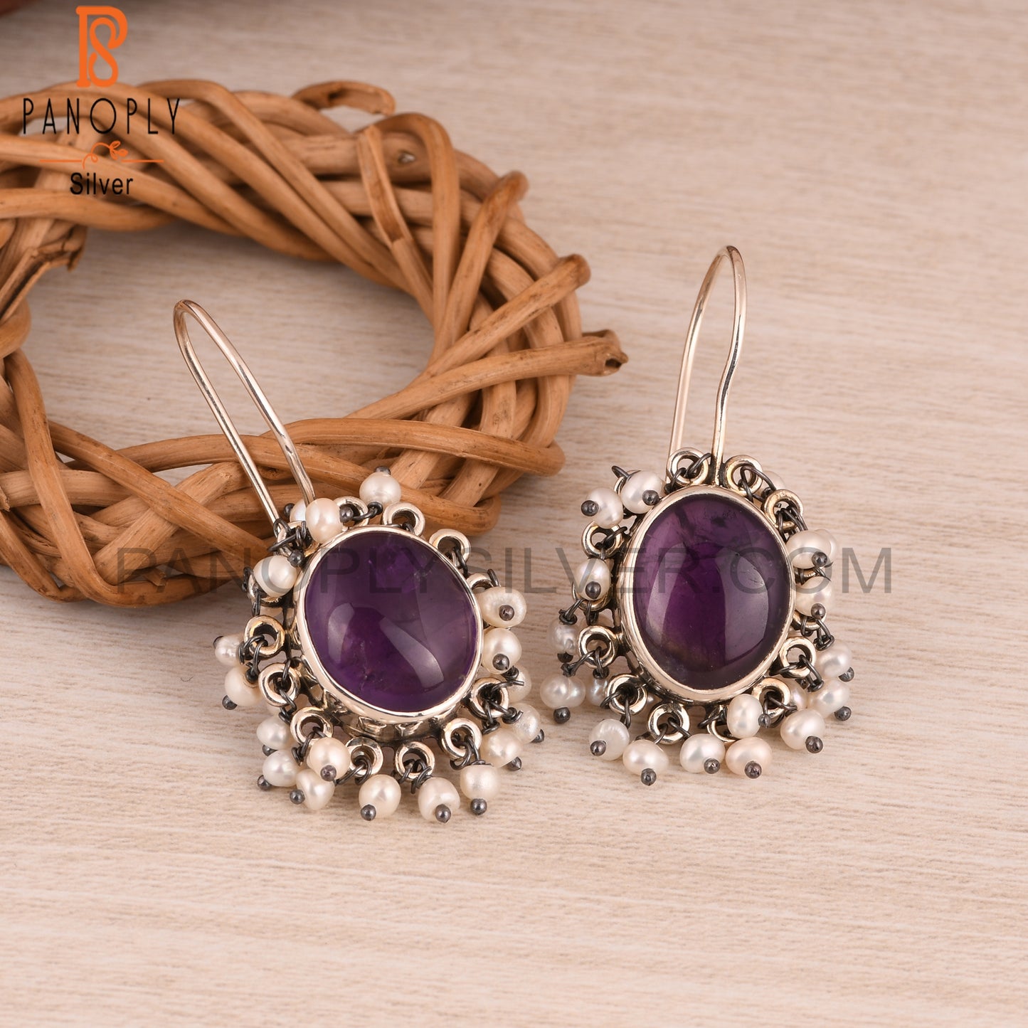 Amethyst & Pearl 925 Sterling Silver Boho Earrings