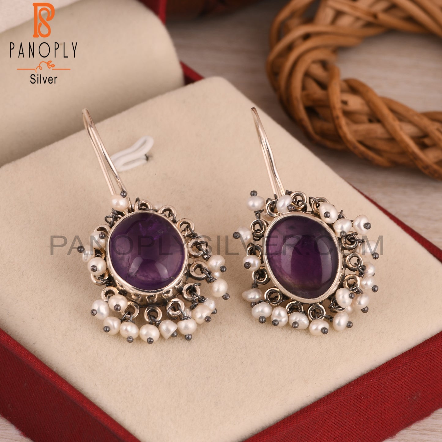 Amethyst & Pearl 925 Sterling Silver Boho Earrings