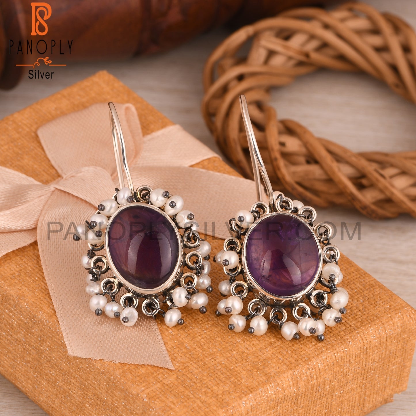 Amethyst & Pearl 925 Sterling Silver Boho Earrings