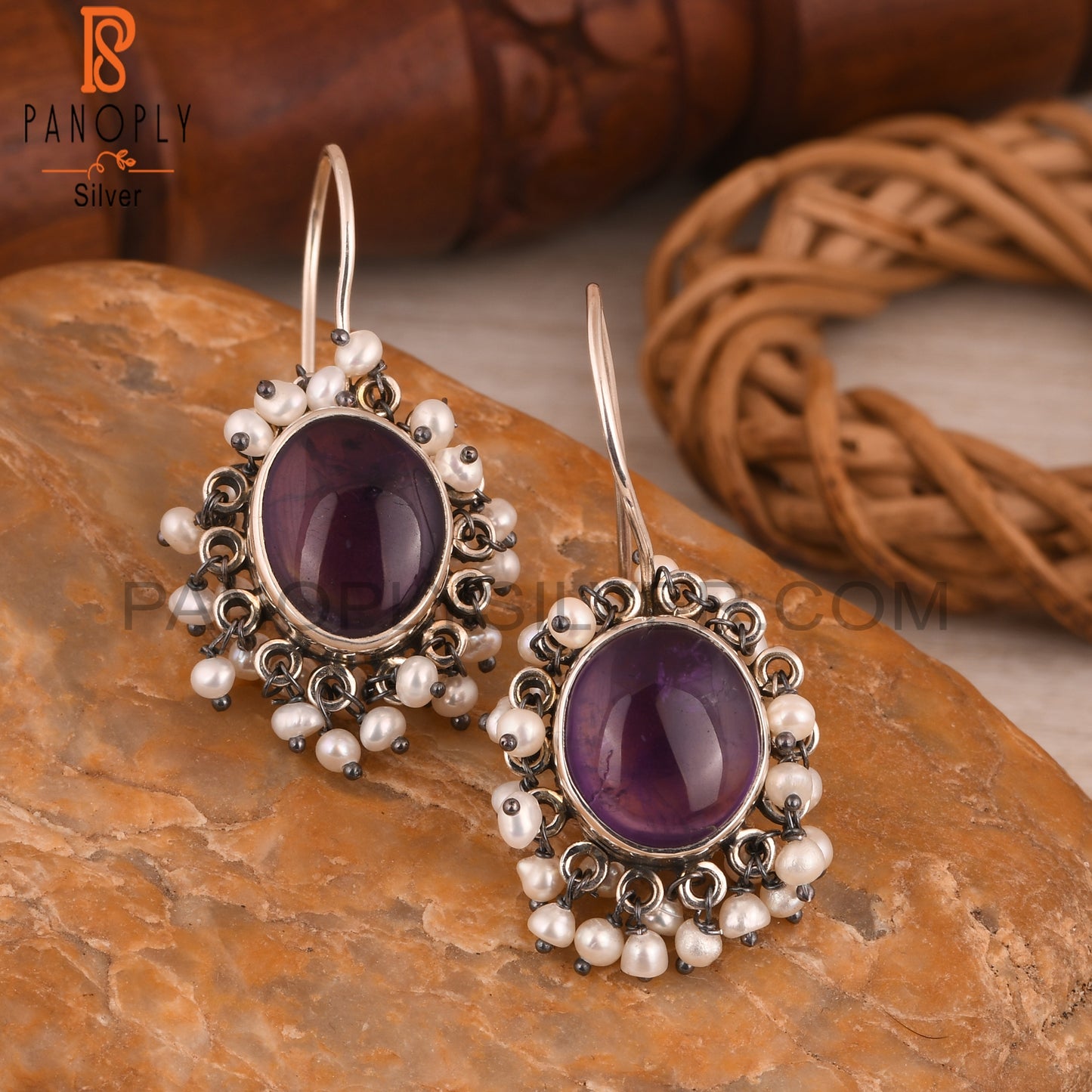 Amethyst & Pearl 925 Sterling Silver Boho Earrings