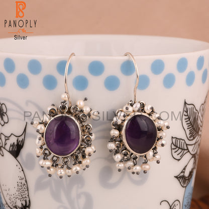 Amethyst & Pearl 925 Sterling Silver Boho Earrings
