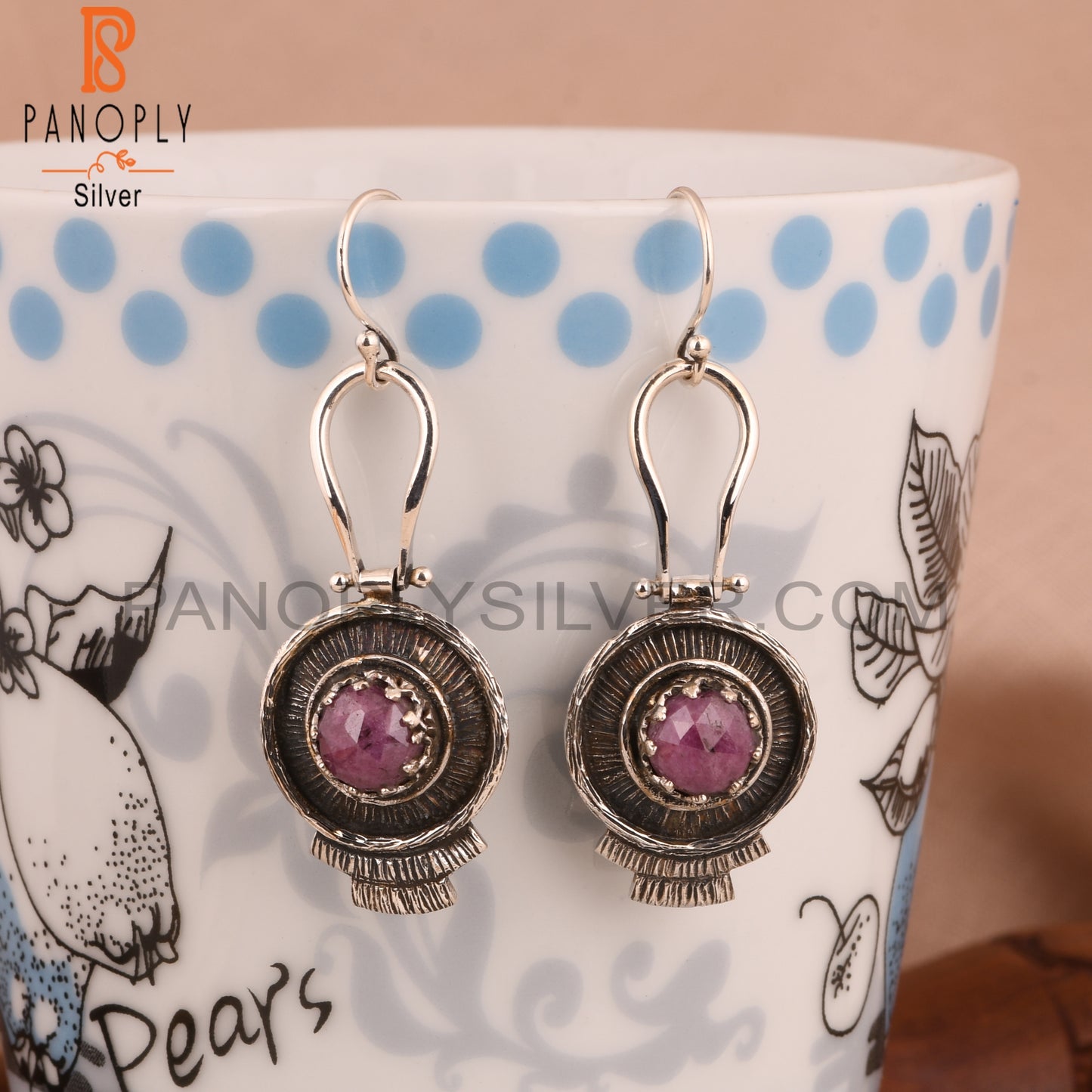 Ruby Round Shape 925 Sterling Silver Boho Earrings
