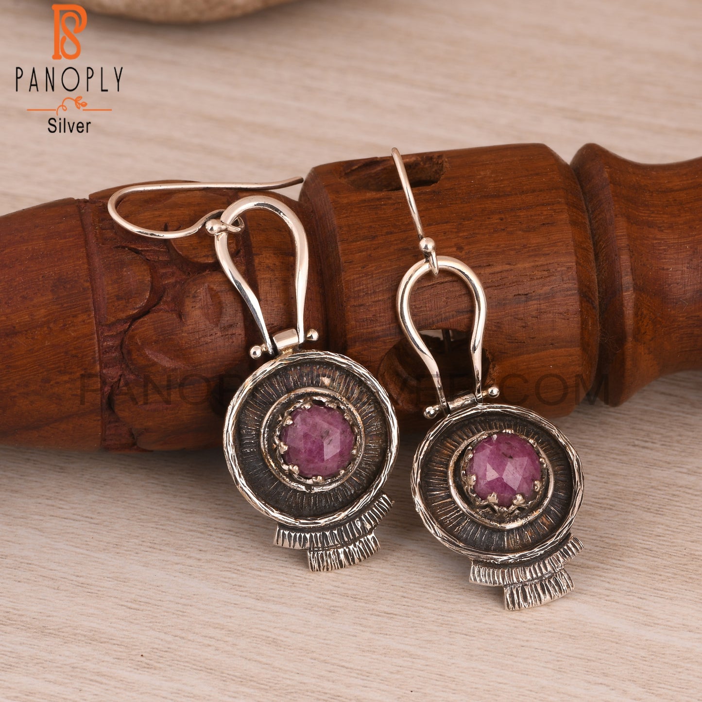 Ruby Round Shape 925 Sterling Silver Boho Earrings
