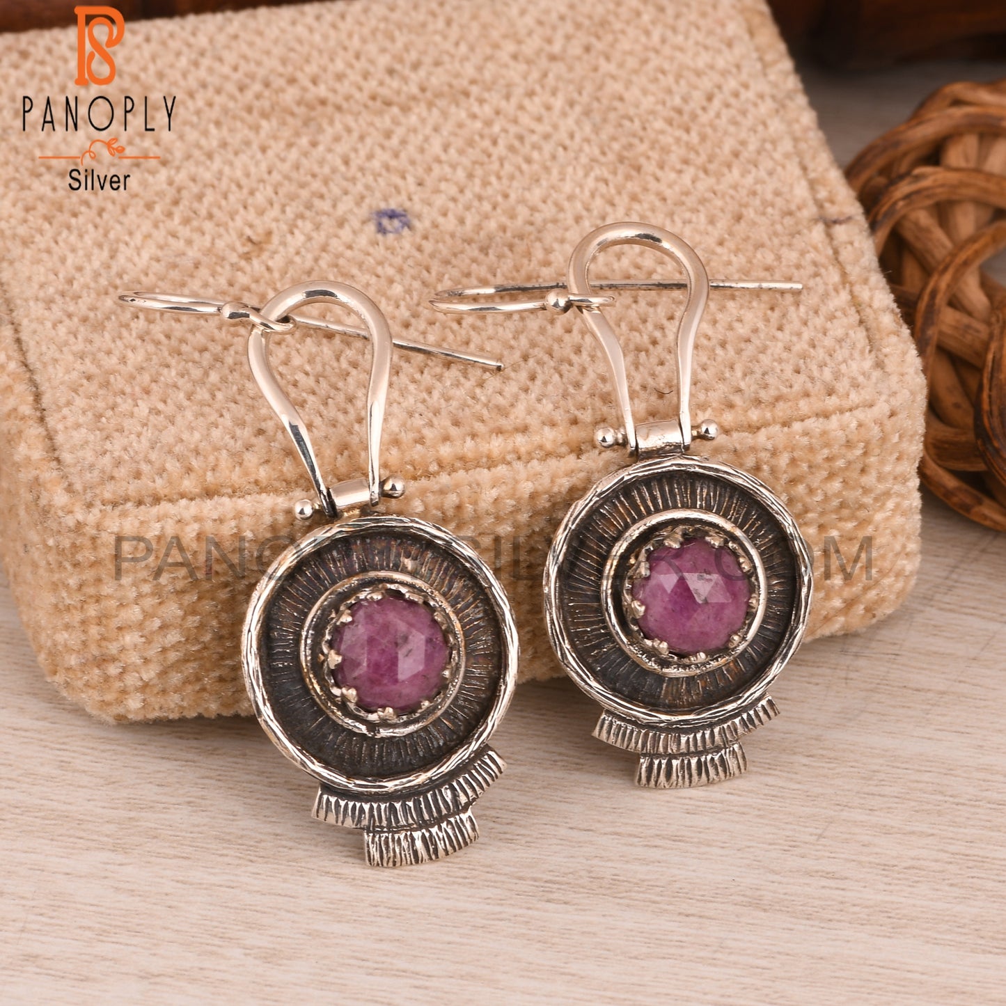 Ruby Round Shape 925 Sterling Silver Boho Earrings