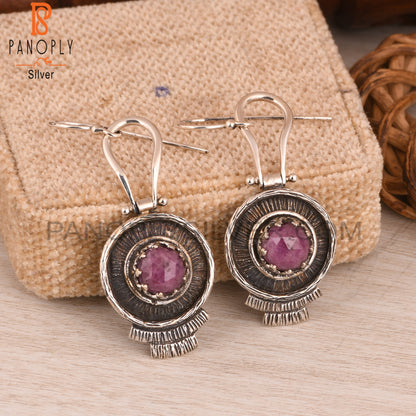 Ruby Round Shape 925 Sterling Silver Boho Earrings