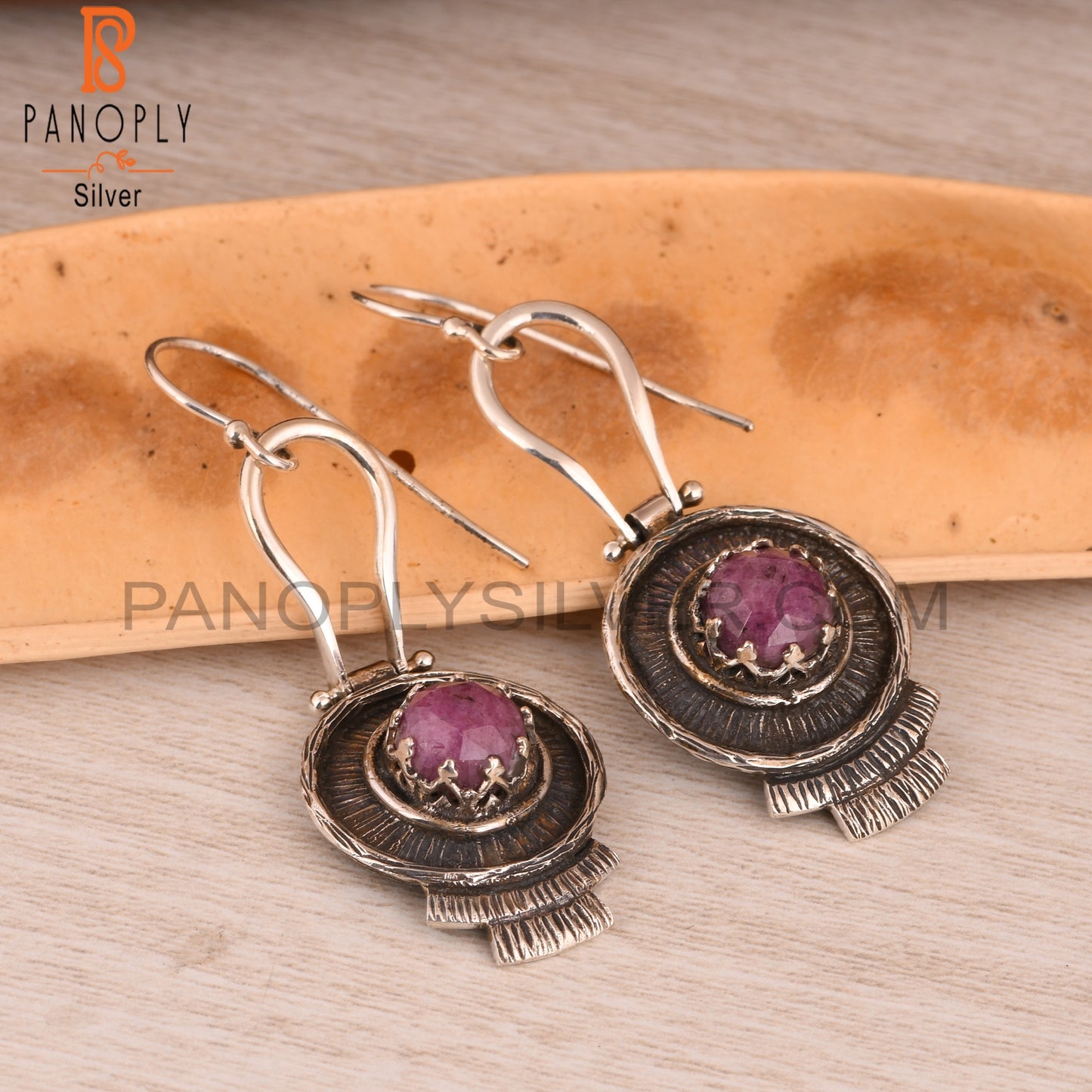 Ruby Round Shape 925 Sterling Silver Boho Earrings