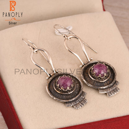 Ruby Round Shape 925 Sterling Silver Boho Earrings