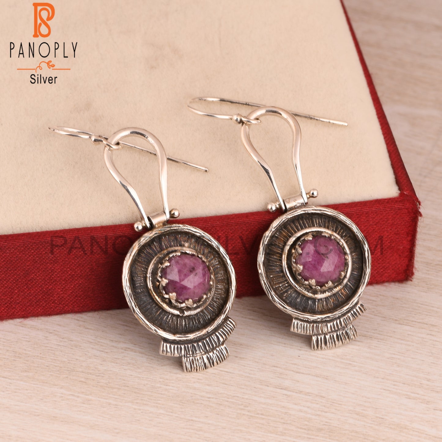 Ruby Round Shape 925 Sterling Silver Boho Earrings
