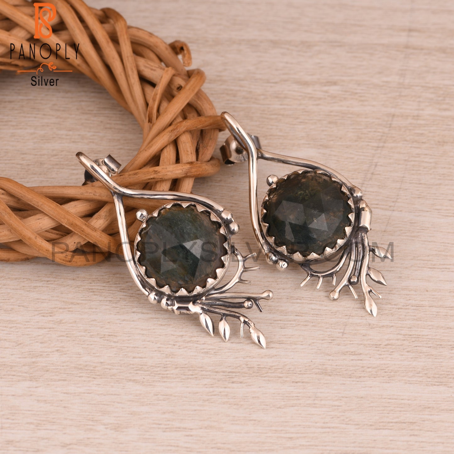 Moss Agate Round 925 Sterling Silver Earrings