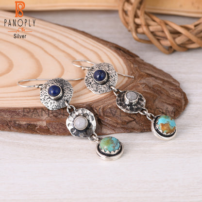 Kingman Turquoise, Lapis, Rainbow Moonstone Silver Earrings
