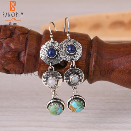 Kingman Turquoise, Lapis, Rainbow Moonstone Silver Earrings
