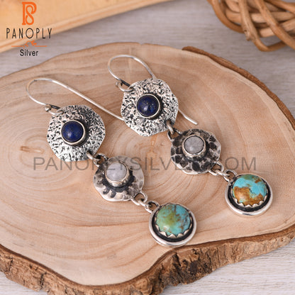 Kingman Turquoise, Lapis, Rainbow Moonstone Silver Earrings