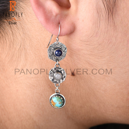 Kingman Turquoise, Lapis, Rainbow Moonstone Silver Earrings