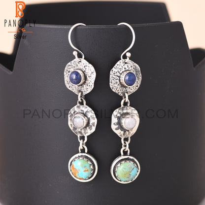 Kingman Turquoise, Lapis, Rainbow Moonstone Silver Earrings