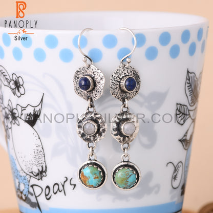 Kingman Turquoise, Lapis, Rainbow Moonstone Silver Earrings