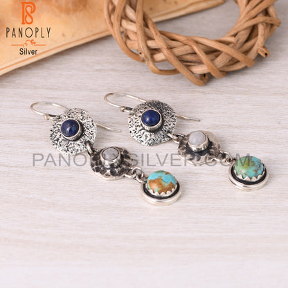 Kingman Turquoise, Lapis, Rainbow Moonstone Silver Earrings