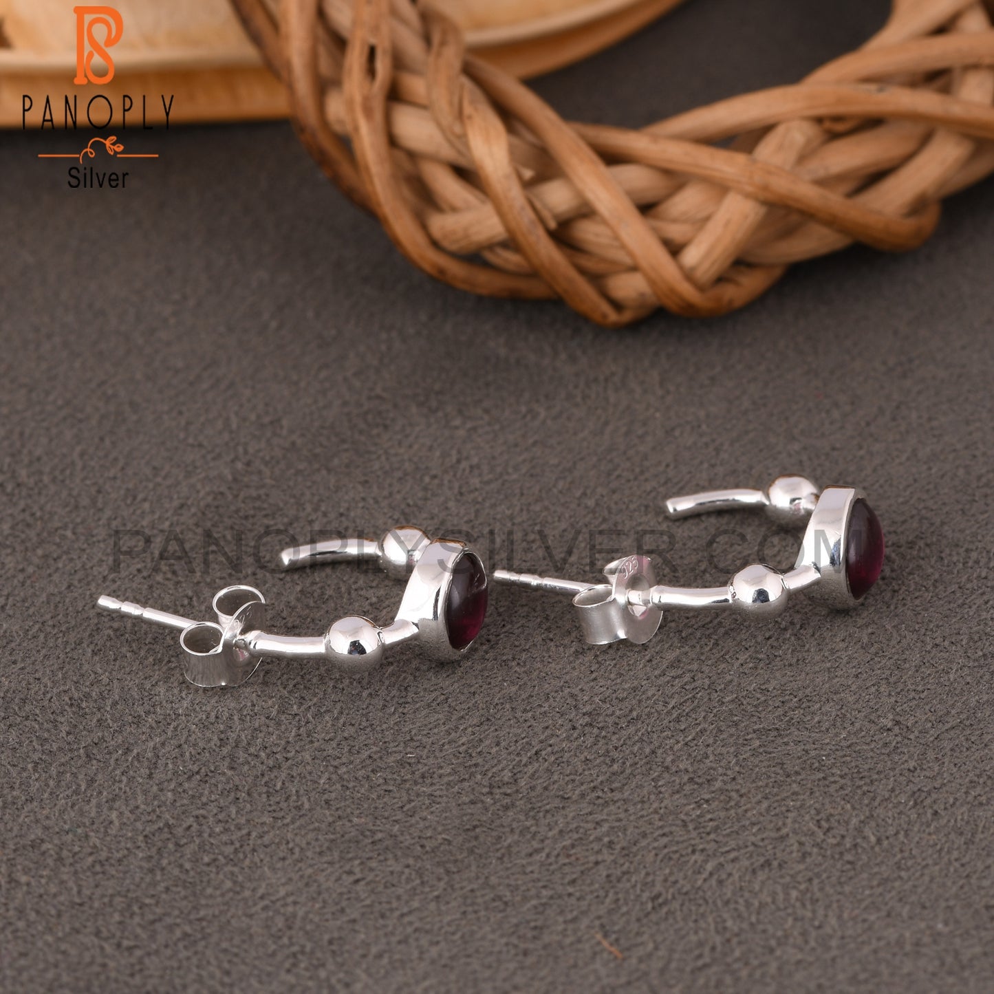 Bali Stud Garnet Round 925 Sterling Silver Earrings