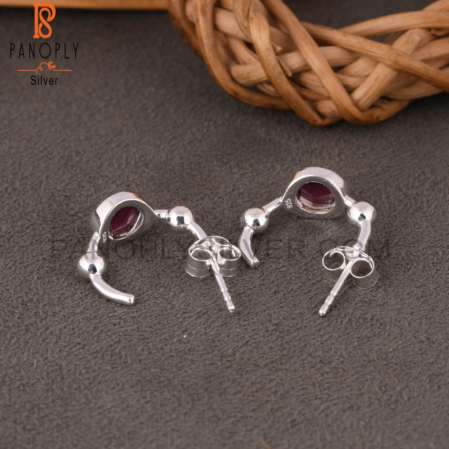 Bali Stud Garnet Round 925 Sterling Silver Earrings